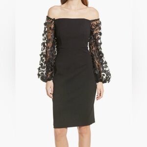 Eliza J‎ Off The Shoulder 3D Balloon Floral Applique Sleeve Sheath Dress Size 6
